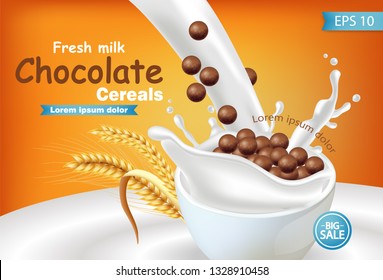 Organic Chocolate cereals in milk splash Vector realistic mock up. Product placement label design. 3d detailed illustrations