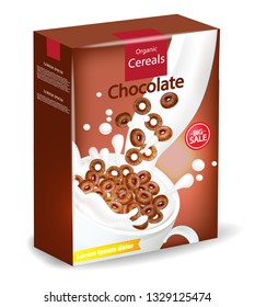 Organic Chocolate cereals package Vector realistic mock up. Product placement label design. 3d detailed illustrations