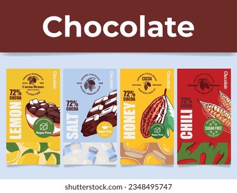 Organic chocolate natural premium ingredients engraving label poster set vector illustration. Sweet delicious cocoa dessert lemon salt honey chili sugar free bakery shop store advertisement sticker