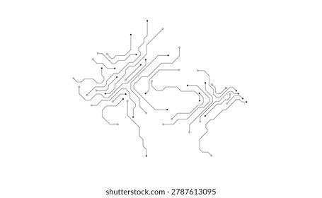 Organic circuit board wiring pattern with flowing white lines and nodes on transparent