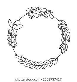 Organic Circular Frame with Mixed Foliage, Black and White Monogram Wreath Logo Vector