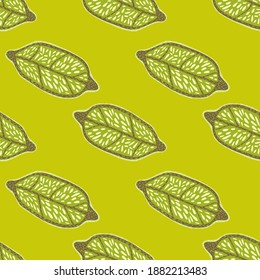 Organic citrus seamless pattern with lemon fruit ornament. Yellow background. Simple design. Vector illustration for seasonal textile prints, fabric, banners, backdrops and wallpapers.