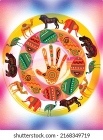 Organic clean african abstract shape, animal and hand with unique pattern, gradient shapes, grunge circle, circle brush frame, colorful circle marble pattern