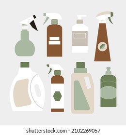 Organic cleaning bottle supplies. Flat eco biodegradable detergent packages illustration set. Housework liquid containers - laundry fluid, disinfectant, bleach, toilet spray.