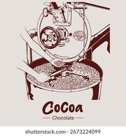 Los granos de cacao orgánicos se muelen a máquina en bocetos de tinta para etiquetas de embalaje de Diseño gráfico para obras de arte promocionales e impresas o digitales con un estilo vintage. Carteles de chocolate para obras de arte impresas. 