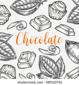 Organic cocoa cacao chocolate leaf, bean vector hand drawn template packaging candy, food, label, banner, poster, branding. Stylish design with sketch illustration  cocoa cacao chocolate organic shop