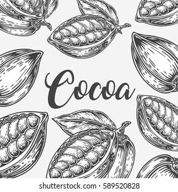 Organic cocoa cacao chocolate leaf, bean vector hand drawn template packaging candy, food, label, banner, poster, branding. Stylish design with sketch illustration  cocoa cacao chocolate organic shop