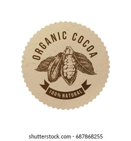 Organic Cocoa Round Label In Vintage Style . Vector Illustration