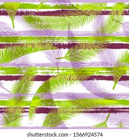 Organic coconut palm leaves tree branches overlaying stripes vector seamless pattern. Bali exotic foliage beach fashion fabric print. Stripes and tropical leaves illustration.