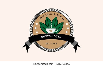 Organic coffee badge logo design with text coffee house and green leaf. Coffee logo design. Creative Vector Coffee Shop Logo with beans and vintage label design