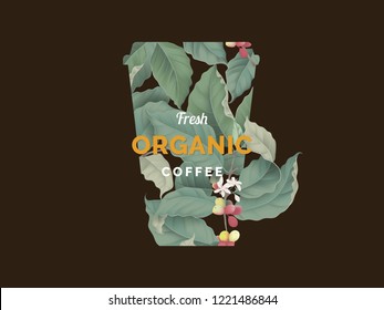 Organic coffee banner template design, coffee cup shaped collage out of coffee tree on dark brown, vintage style