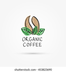 Organic coffee bean with green leaves vector illustration. Hand drawn natural coffee concept.
