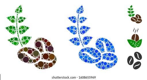 Organic coffee beans composition of small circles in various sizes and color hues, based on organic coffee beans icon. Vector small circles are organized into blue mosaic.