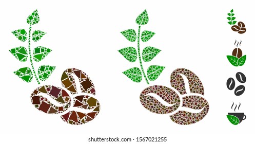 Organic coffee beans composition of tuberous pieces in different sizes and shades, based on organic coffee beans icon. Vector abrupt pieces are organized into composition.