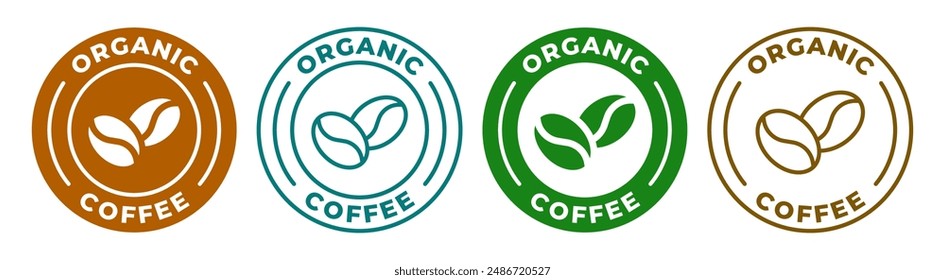 Organic coffee colored label set. Natural coffee icon vector illustration. 100 arabica and robusta beans emblem, badge, sign, symbol, stamp or seal. Coffee shop circle logotype isolated.