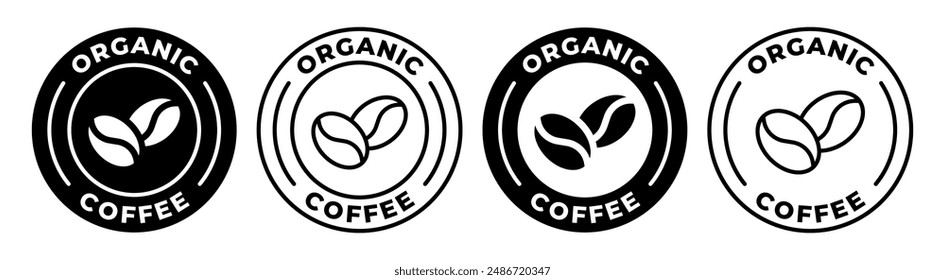 Organic coffee label. Natural coffee icon vector illustration. 100 arabica and robusta beans emblem, badge, sign, symbol, stamp or seal. Coffee shop circle logotype isolated.