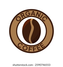 Organic coffee label. Natural coffee icon vector illustration. 100 arabica and robusta beans emblem, badge, sign, symbol, stamp or seal. Coffee shop circle logotype isolated.