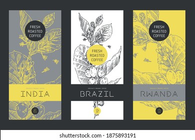 Organic coffee label template design with branch illustration of coffee beans in engraved style. Vector specialty coffee package. Retro badge for 100% arabica. Vintage banner for Fresh coffee roasted.