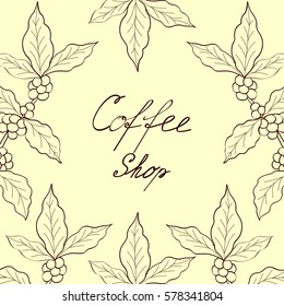 Organic coffee leaf, bean hand drawn template, banner, lettering, sketch style.