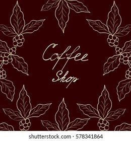Organic coffee leaf, bean hand drawn template, banner, lettering, sketch style.