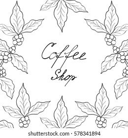 Organic coffee leaf, bean hand drawn template, banner, lettering, sketch style.
