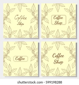 Organic coffee leaf, bean hand drawn template set, lettering, sketch style. Coffee shop square banner collection.