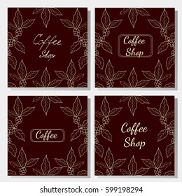 Organic coffee leaf, bean hand drawn template set, lettering, sketch style. Coffee shop square banner collection.
