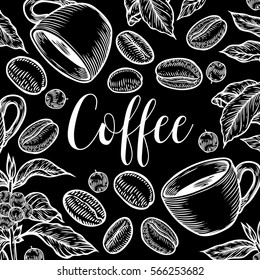 Organic coffee leaf, bean vector hand drawn template packaging cosmetic, label, banner, poster, identity, branding. Stylish design with sketch illustration of coffee sketch. Natural organic.