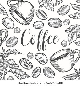 Organic coffee leaf, bean vector hand drawn template packaging cosmetic, label, banner, poster, identity, branding. Stylish design with sketch illustration of coffee sketch. Natural organic.