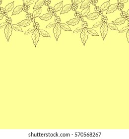 Organic coffee leaf, bean vector hand drawn template, border, sketch illustration