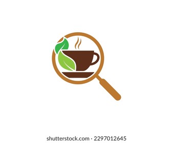 Organic Coffee with Leaf Search Find Logo Concept symbol sign icon Element Design. Herbal, Nature, Fresh, Natural, Coffee Cup Magnifying Glass Logotype. Vector illustration template 