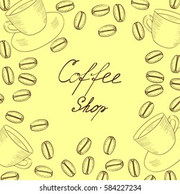 Organic coffee shop bean and cup hand drawn sketch template for packaging cosmetic, label, banner, poster, branding. design. Food and drink organic boutique.