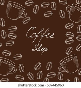 Organic coffee shop bean and cup hand drawn sketch template for packaging cosmetic, label, banner, poster, branding. design. Food and drink organic boutique.