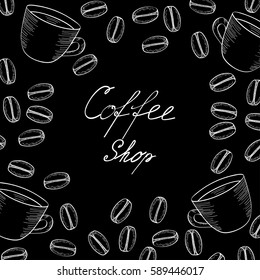 Organic coffee shop bean and cup hand drawn sketch template for packaging cosmetic, label, banner, poster, branding. design. Food and drink organic boutique.