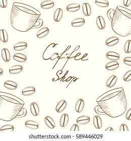 Organic coffee shop bean and cup hand drawn sketch template for packaging cosmetic, label, banner, poster, branding. design. Food and drink organic boutique.