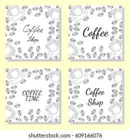 Organic coffee shop bean and cup hand drawn sketch template set for packaging cosmetic, square banner, poster, branding. design. Food and drink organic boutique.