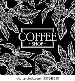 Organic coffee shop leaf, bean vector hand drawn template packaging cosmetic, label, banner, poster, identity, branding. Stylish design with sketch illustration of coffee sketch. drink organic shop