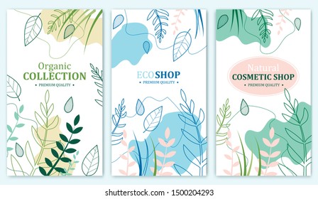Organic Collection, Eco Shop, Natural Cosmetic Store with Premium Quality Cards or Posters Set. Selling Products Advertisement. Natural Design with Leaves in Different Colors. Herbs. - Shutterstock ID 1500204293