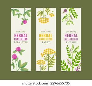 Organic Collection, Eco Shop, Natural Cosmetic Store with Premium Quality Cards or Posters Set. Selling Products Advertisement. Natural Design with Leaves in Different Colors. Herbs.