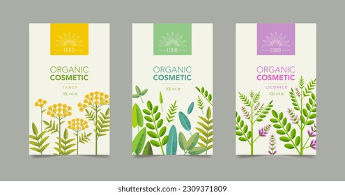 Organic Collection, Eco Shop, Natural Cosmetic Store with Premium Quality Cards or Posters Set. Selling Products Advertisement. Natural Design with Leaves in Different Colors. Herbs.