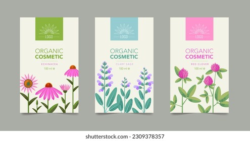 Organic Collection, Eco Shop, Natural Cosmetic Store with Premium Quality Cards or Posters Set. Selling Products Advertisement. Natural Design with Leaves in Different Colors. Herbs.