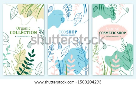 Organic Collection, Eco Shop, Natural Cosmetic Store with Premium Quality Cards or Posters Set. Selling Products Advertisement. Natural Design with Leaves in Different Colors. Herbs.