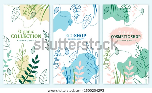 有機コレクション エコショップ プレミアム品質のカードやポスターセットの自然化粧品店 商品広告の販売 葉の色が異なる自然デザイン ハーブ のベクター画像素材 ロイヤリティフリー