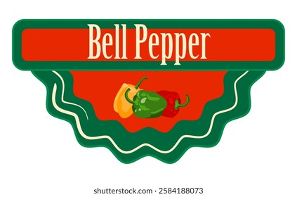 Organic Color Bell Pepper packaging tag. Classic vegetable red-orange label tag or sticker with color sweet fresh bell peppers. Fresh natural product badge.