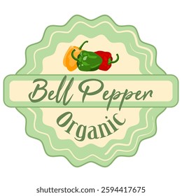 Organic Color Bell Pepper packaging tag. Classic vegetable label tag or sticker with color sweet fresh bell peppers.