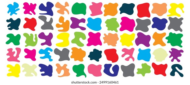 Organic colorful blob shape in boho style. Red flat shape and green fluid blob, blue liquid stain and violet geometric form. Set of isolated abstract aqua spot with dynamic color. Vector eps 10.