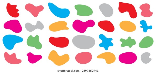 Organic colorful blob shape in boho style. Abstract blotch shape. Random abstract liquid organic irregular blotch shapes. Collection of modern forms and Liquid drop or fluid dynamic print.