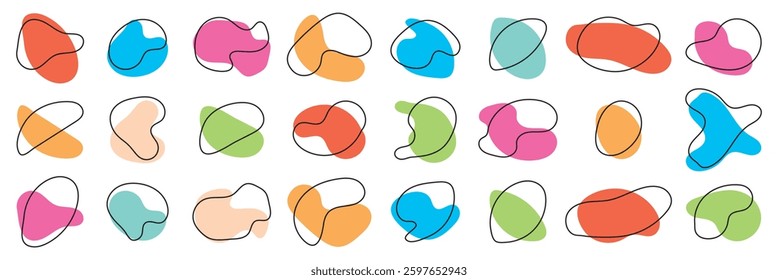 Organic colorful blob shape in boho style. Abstract blotch shape. Random abstract liquid organic irregular blotch shapes. Collection of modern forms and Liquid drop or fluid dynamic print.