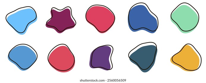 Organic colorful blob shapes. Round abstract organic shape collection. Pebble, drops and stone silhouettes. Random abstract liquid organic irregular blotch shapes.