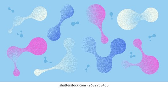 Figuras de conexão coloridas orgânicas com textura gradiente de ruído de grãos. Formas de molécula de metabolito retro Y2k definidas. Ícones de biologia nano em fundo azul. Ilustração da gradação de areia do vetor.